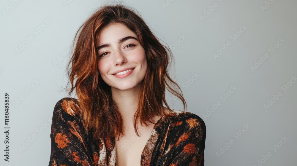 Trendy young woman smiling naturally in a casual outfit, with her chestnut hair styled elegantly, on solid white background, single object Trendy young woman smiling naturally in a casual outfit, with her chestnut hair styled elegantly, on solid white background, single object