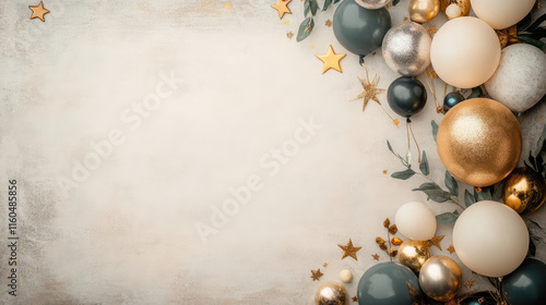 A white background with a bunch of gold and silver balloons and stars