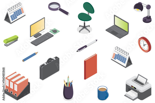 3d office icon set including calendar, printer, clock, chair, cup, pencils, lamp, magnifying glass, stapler, folders, pen, computer, laptop and case. Vector isometric illustration.