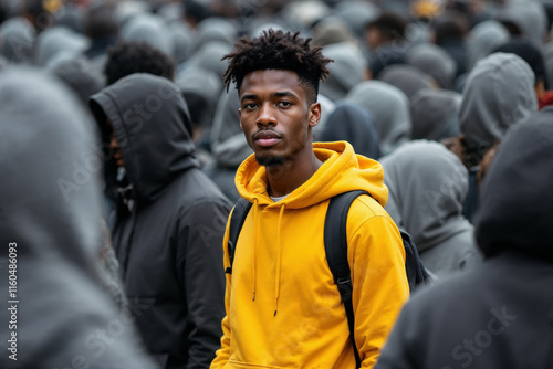  Young African American Man in Yellow Hoodie Standing Out in Crowd of Grey, Representing Individuality and Leadership photo