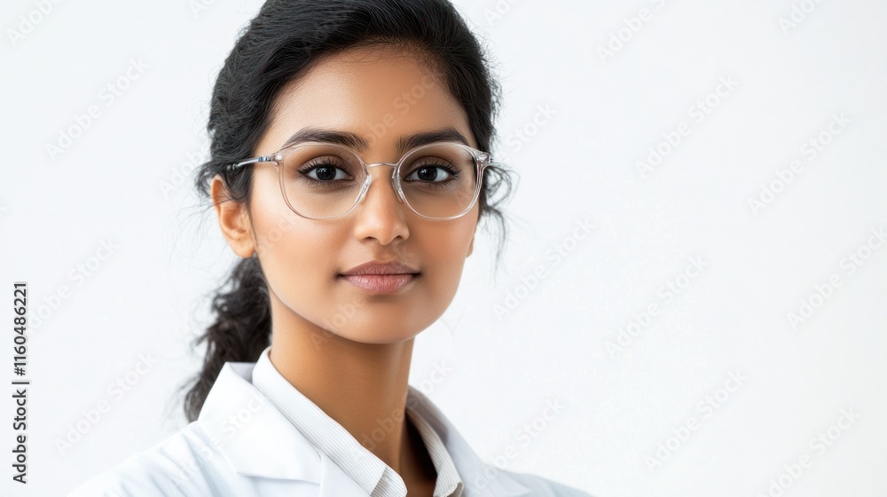 Young Indian woman in a biotech or technology environment, combining a professional look with cutting-edge aesthetics, on solid white background, single object