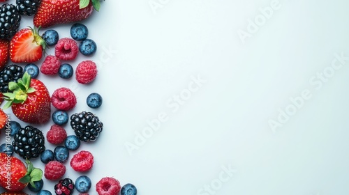 A close-up of mixed fresh berries including strawberries, blueberries, raspberries, and blackberries, arranged in vibrant detail against a clean white background