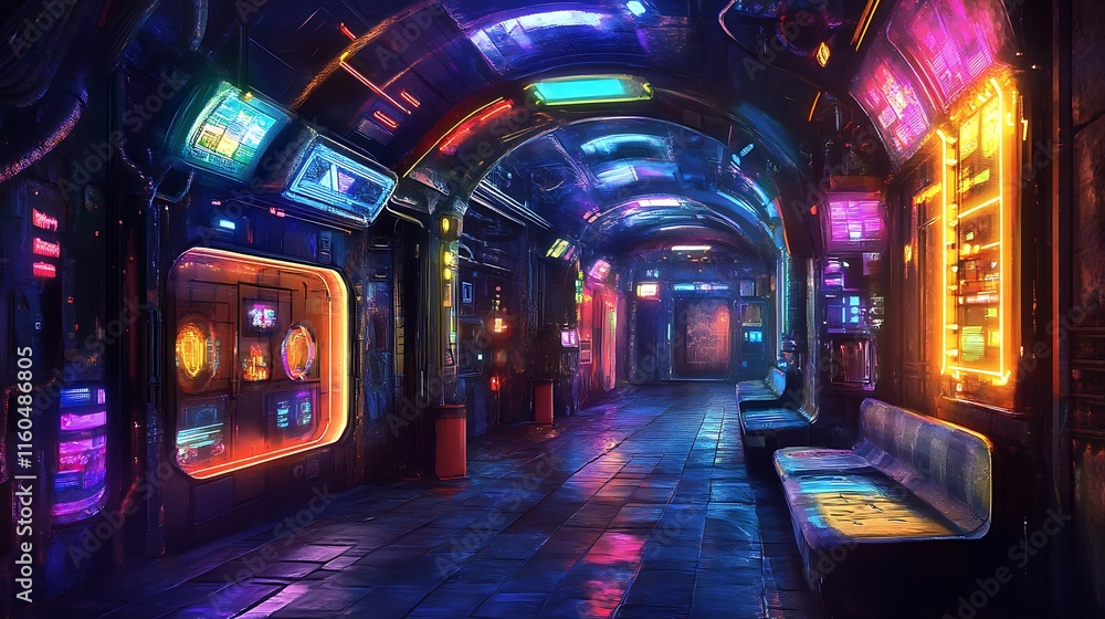 Futuristic neon-lit arcade corridor. Futuristic neon-lit arcade corridor.