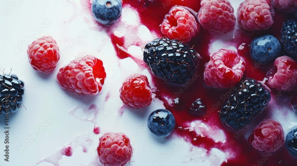 A detailed close-up of mixed berries featuring raspberries, blackberries, and blueberries, arranged in an artistic composition on a white background. A detailed close-up of mixed berries featuring raspberries, blackberries, and blueberries, arranged in an artistic composition on a white background.