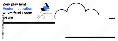 Woman sitting and using a laptop, large cloud shape, and sample text elements. Ideal for technology, cloud computing, remote work, productivity, modern design, simplicity, and tech services. Landing