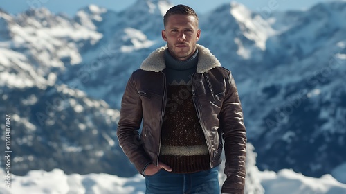 A man in a leather jacket, knit sweater, and jeans, standing in front of a snowy mountain backdrop. photo