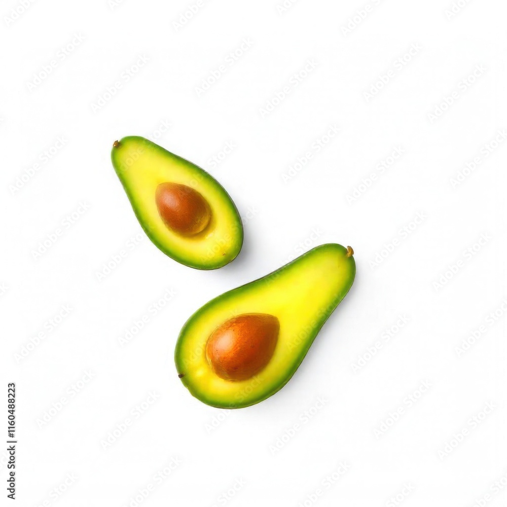 A halved avocado with a large pit, on a white background A halved avocado with a large pit, on a white background