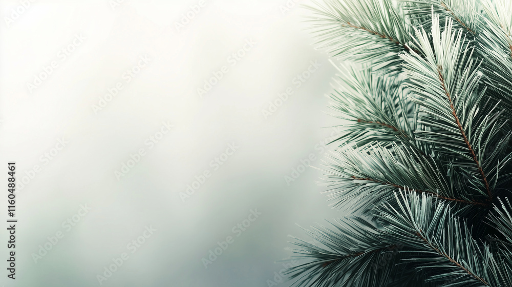 Obraz premium A detailed Christmas banner with a close-up of fluffy fir branches, their natural dark green tones blending harmoniously with soft shadows and hints of frosty highlights.