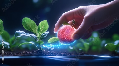 Futuristic Smart Orchard with Holographic Harvesting Guidance. Generative AI photo