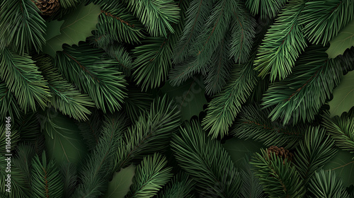 A highly detailed close-up of fir tree branches forming a seamless texture for a Christmas banner, with the rich dark green tones subtly accented by soft gradients of shadow and li