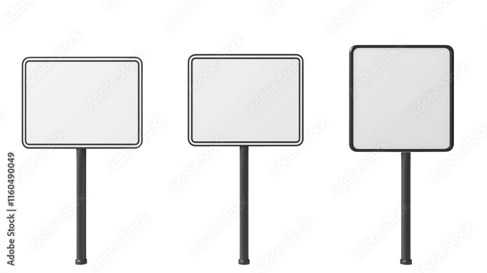 Set of modern simple signs with frames on posts on a clear or white background Set of modern simple signs with frames on posts on a clear or white background