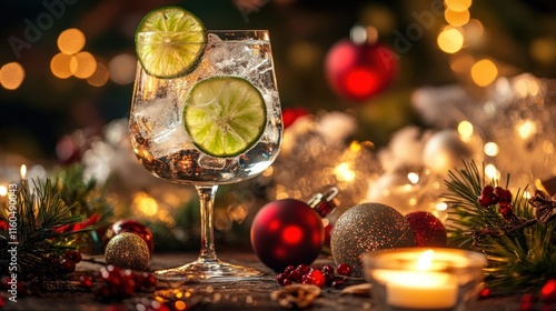 A refreshing Gin Tonic with lime and ice cubes, illuminated by soft candlelight, styled on a festive table with Christmas decorations