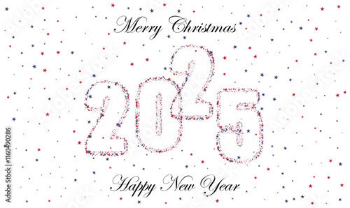 New Year and Christmas card strewn with blue and red stars, New Year design