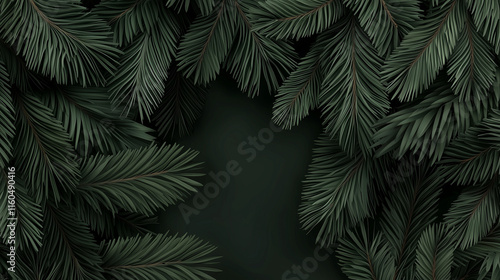 A highly detailed close-up of fir tree branches forming a seamless texture for a Christmas banner, with the rich dark green tones subtly accented by soft gradients of shadow and li photo