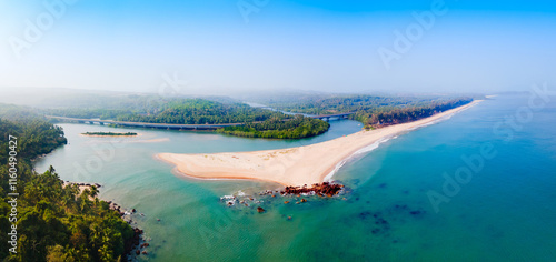 Galgibaga Beach aerial panoramic view in Goa, India photo