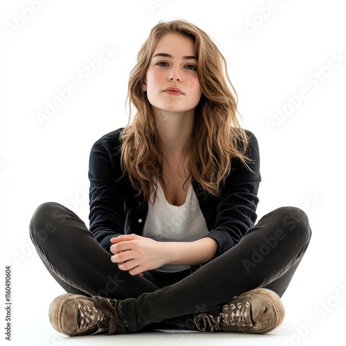 A youthfully radiant woman sits stylishly Isolated on White Background Generative AI photo