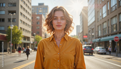 Confident woman standing in urban cityscape during daytime, empowerment