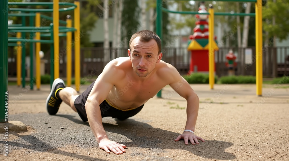Man Performing Pushups in an Outdoor Playground Setting. Man Performing Pushups in an Outdoor Playground Setting.