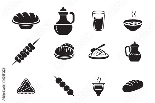 This image features a set of Islamic simple, black and white icons representing various food items, drinks, and dishes.