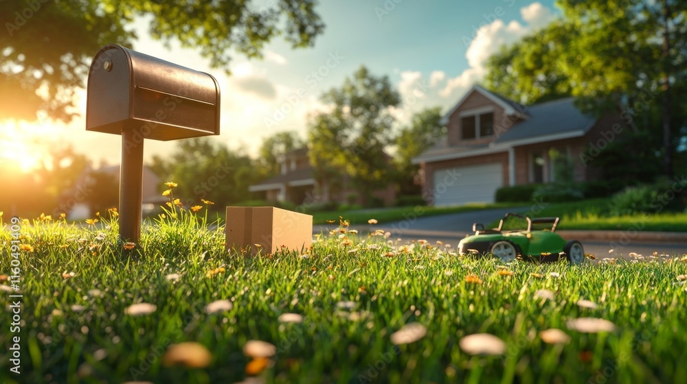 Delivery package near mailbox in suburban setting. Generative AI Delivery package near mailbox in suburban setting. Generative AI