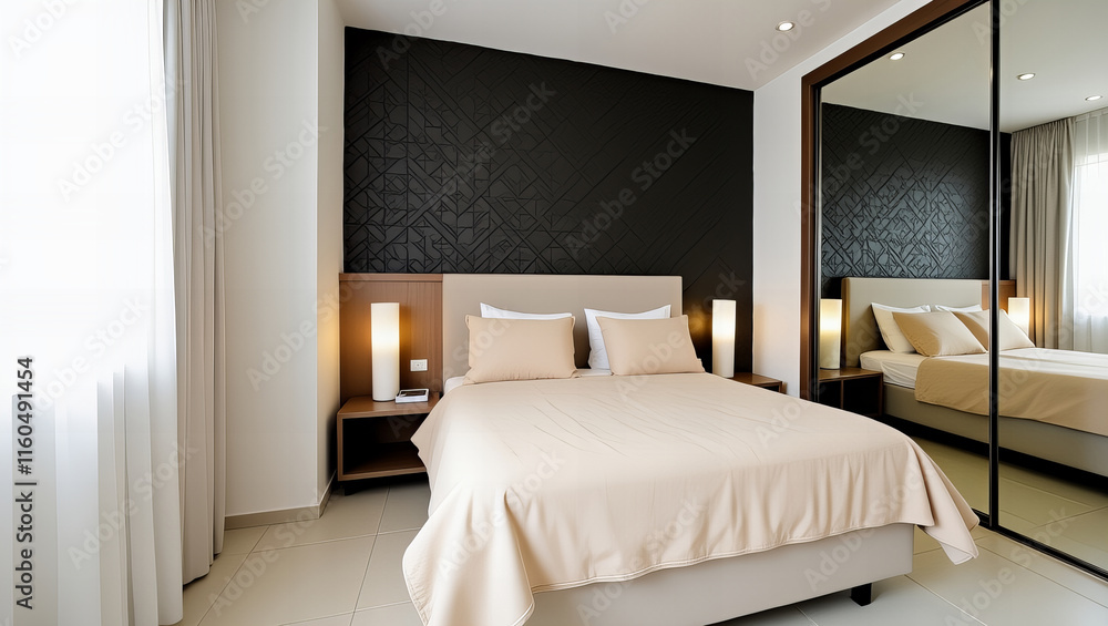 A cozy bedroom with a beige bed, dark accent wall, mirrored closet doors, and matching bedside lamps in a contemporary design.
A cozy bedroom with a beige bed, dark accent wall, mirrored closet doors, and matching bedside lamps in a contemporary design.