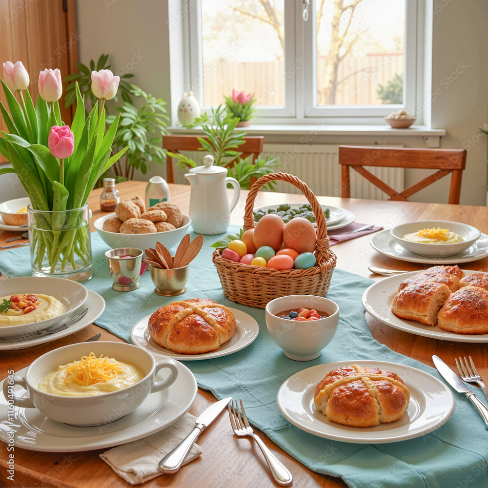 Traditional Easter table with tulips and pastries. Festive Easter dining with flowers and eggs Traditional Easter table with tulips and pastries. Festive Easter dining with flowers and eggs