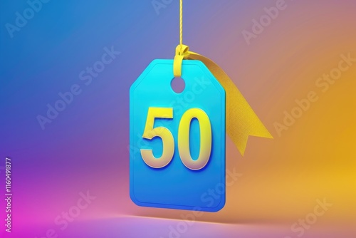 50 percent discount. Price tag with blue gradient and yellow banner. photo