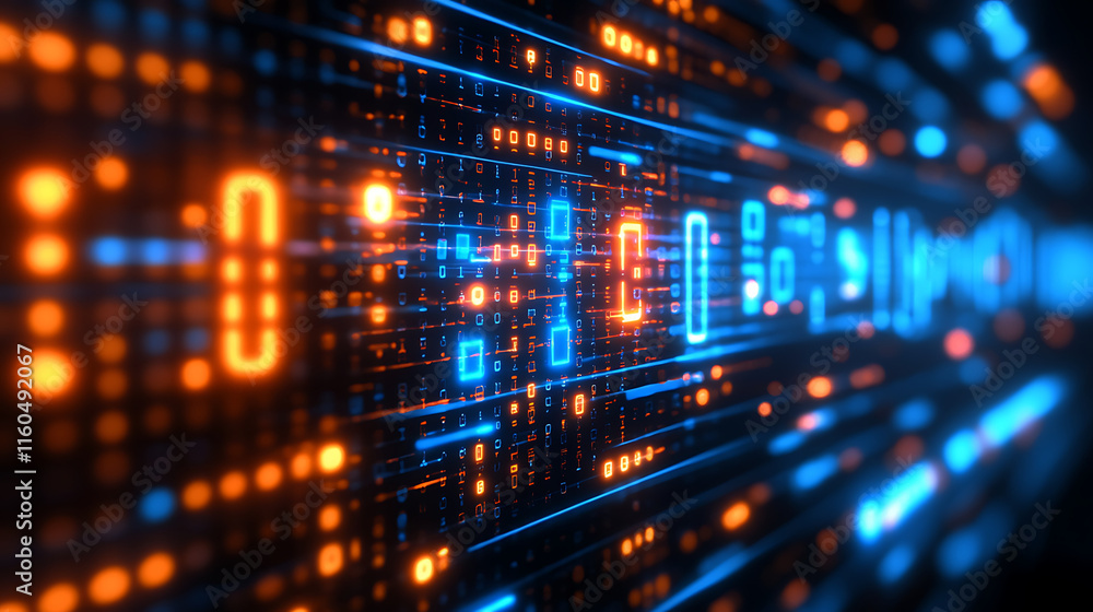 An abstract digital image showing luminous blue and orange binary code. An abstract digital image showing luminous blue and orange binary code.