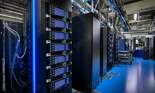 A modern data center filled with high-tech server racks and blue lighting.