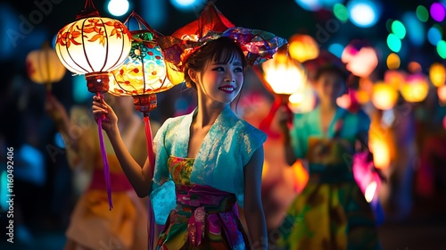 A parade showcasing handcrafted lanterns glowing softly in the evening light, carried by participants in colorful outfits. photo