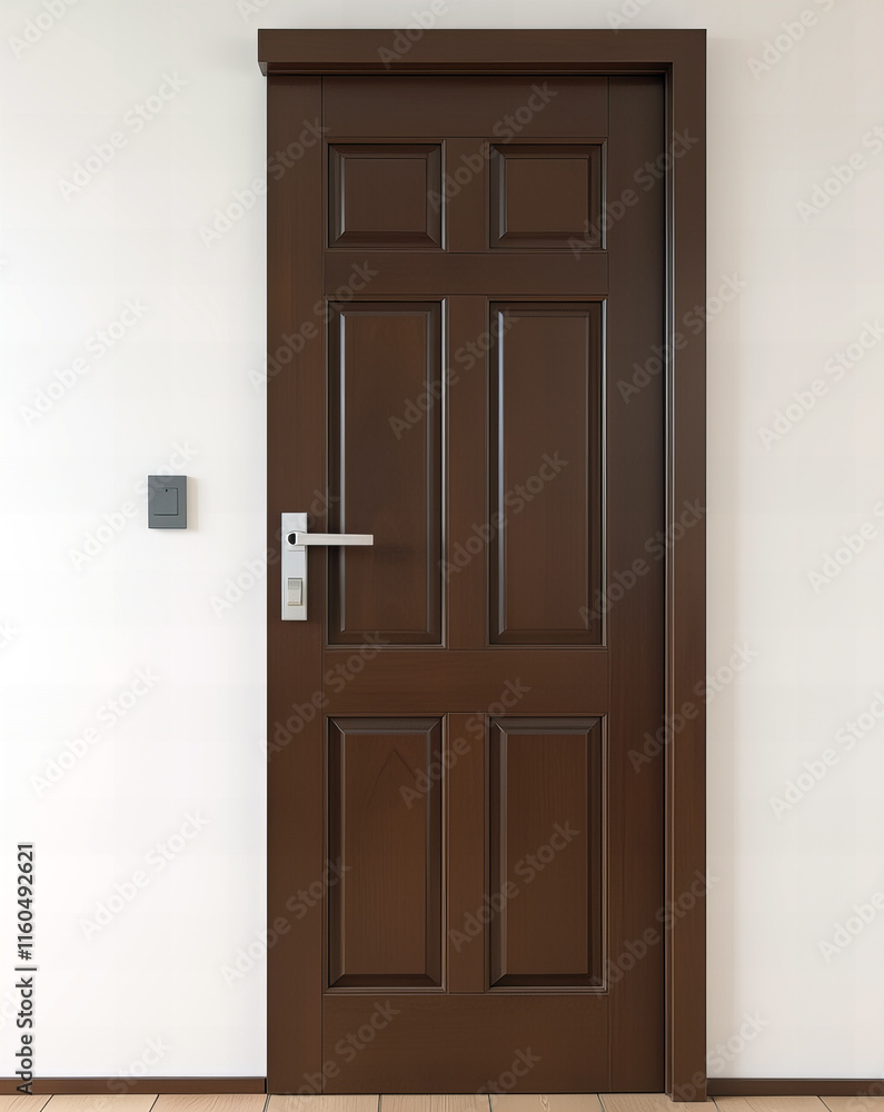 Dark brown wooden door with panel design and modern silver handle Dark brown wooden door with panel design and modern silver handle