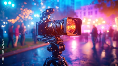 Professional camera on a tripod with vibrant lights in the background. Generative AI photo