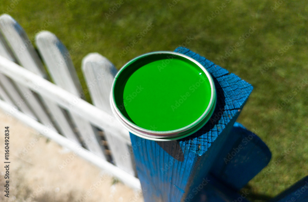 Fototapeta premium greem Paint can lid resting over fence pole.