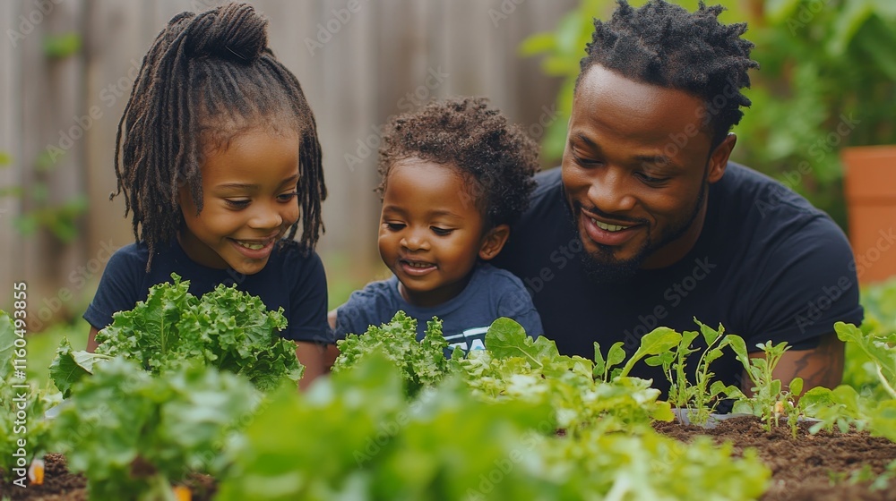 Father and children enjoy gardening together in backyard during sunny day Father and children enjoy gardening together in backyard during sunny day