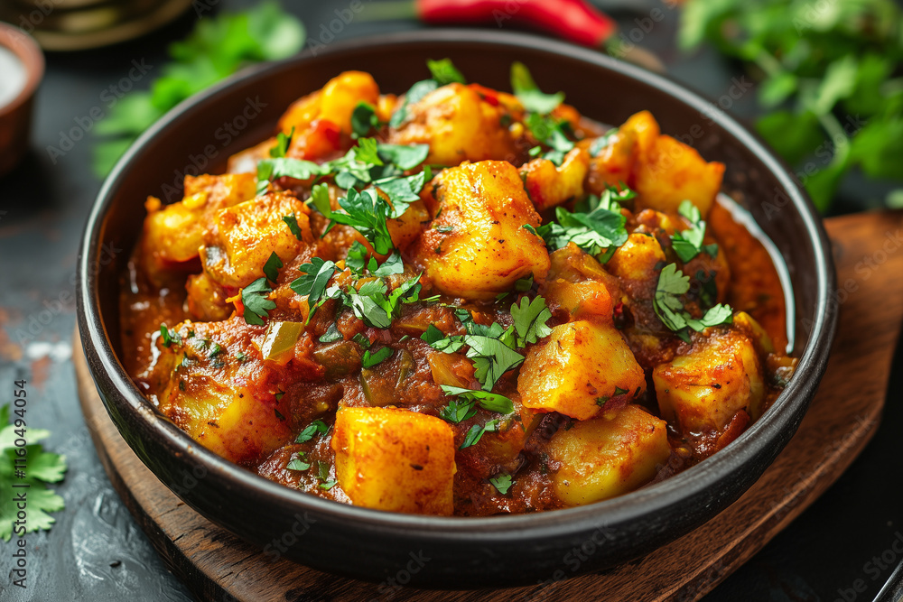 Aloo gobi served with a sprinkle of green herbs and chili, cozy Indian kitchen vibe, inviting and comforting Aloo gobi served with a sprinkle of green herbs and chili, cozy Indian kitchen vibe, inviting and comforting