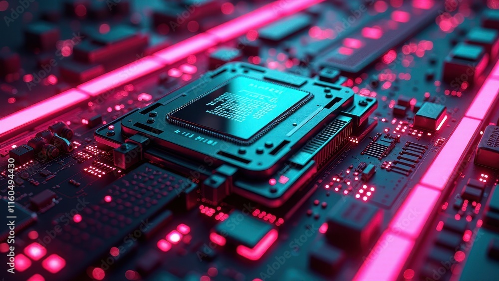 Glowing Circuit Board With Central Processor in Vibrant Neon Lighting

