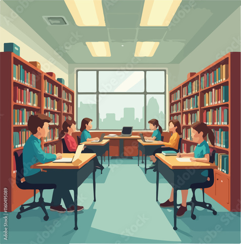 University Library Illustration vector design, Students in Library vector design, Library vector design