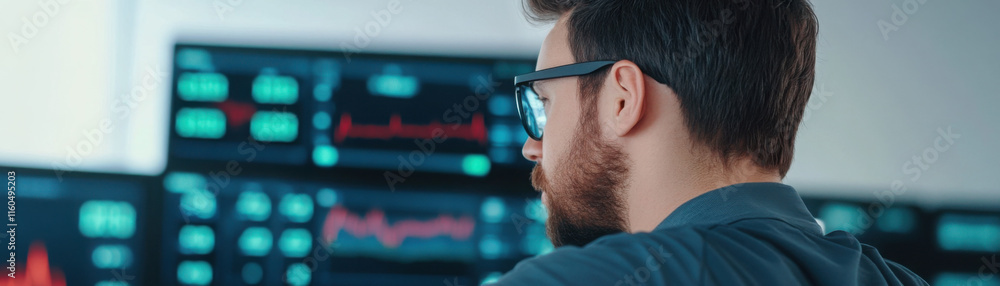 Focused professional analyzing financial data on multiple screens.