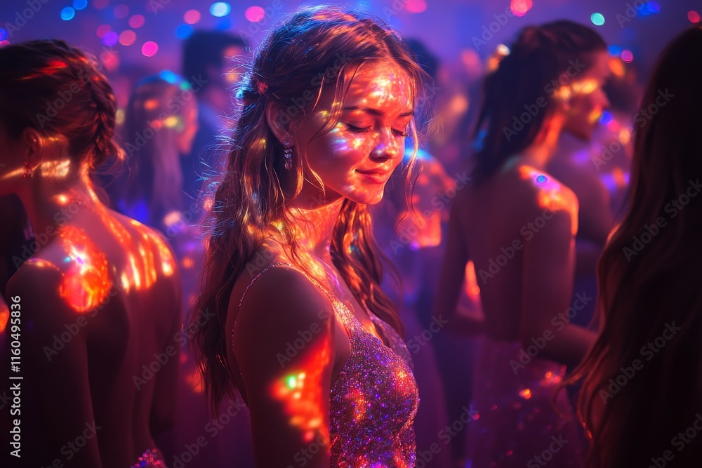 A dance floor filled with graduates and their friends enjoying music and celebrating the night of their graduation party. Generative AI A dance floor filled with graduates and their friends enjoying music and celebrating the night of their graduation party. Generative AI
