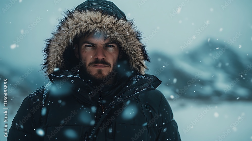 A portrait of a man in a fur-lined hooded jacket walking through heavy snow in a remote alpine region. A portrait of a man in a fur-lined hooded jacket walking through heavy snow in a remote alpine region.