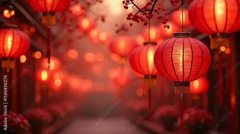 Vibrant Red Lanterns Adorning a Festive Pathway. Vibrant Red Lanterns Adorning a Festive Pathway.
