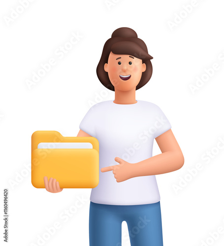 Young smiling woman Jane holding folder with file or document. Business, file management concept. 3d vector people character. Cartoon minimal style.