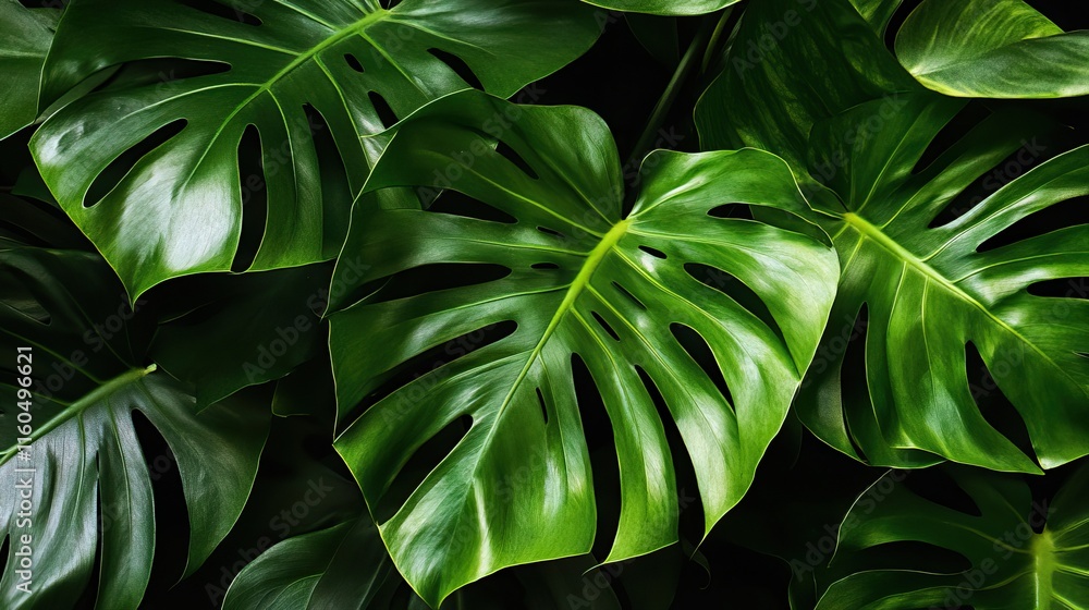 Obraz premium Exotic Jungle Atmosphere with Dark Green Tropical Background, Large Palm and Monstera Leaves, Immersive Foliage for Nature-Inspired Design