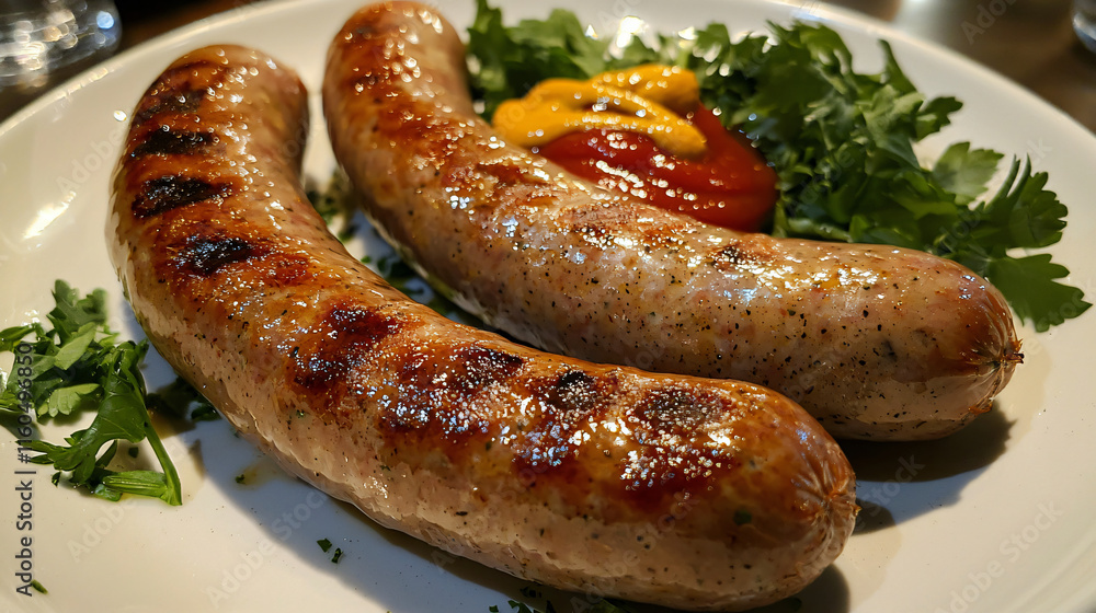A juicy pork sausage served with mustard and ketchup, perfect for a classic snack. A juicy pork sausage served with mustard and ketchup, perfect for a classic snack.