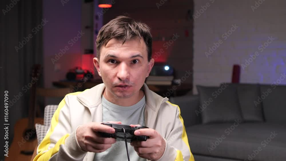 Focused gamer playing videogames at home with controller Focused gamer playing videogames at home with controller