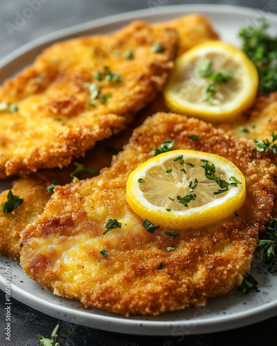 Artistic shot of schnitzel with earthy tones, clean background, appetizing and crispy look