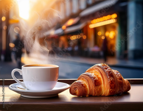 Desayunando en una cafeteria con vistas a la calle, con una taza de café con leche caliente y un croissant photo