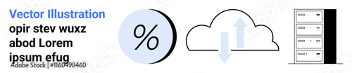 Percent symbol inside circle, cloud with up and down arrows, server rack with three units. Ideal for technology, data management, cloud storage, web hosting, business analytics, information