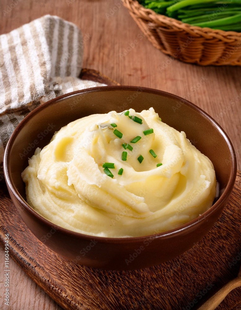Creamy mashed potatoes, garnished with fresh chives, served in a rustic bowl. Creamy mashed potatoes, garnished with fresh chives, served in a rustic bowl.