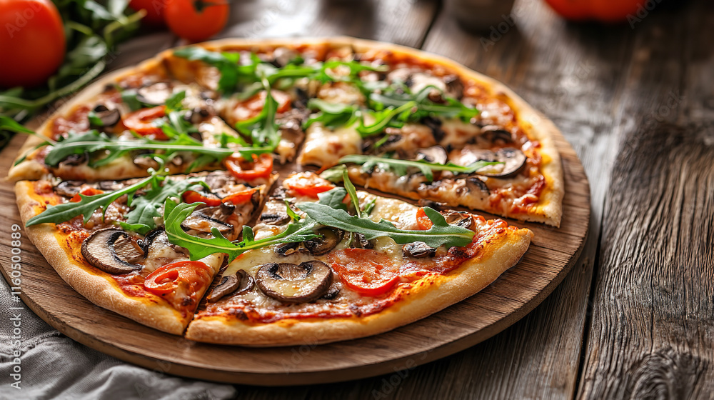 Freshly baked pizza with vibrant toppings Freshly baked pizza with vibrant toppings
